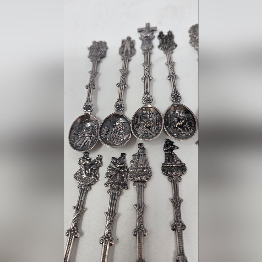 Vtg Holland Dutch demitasse mini spoons stamped novelty ornate figural set of 12 - Picture 6 of 10